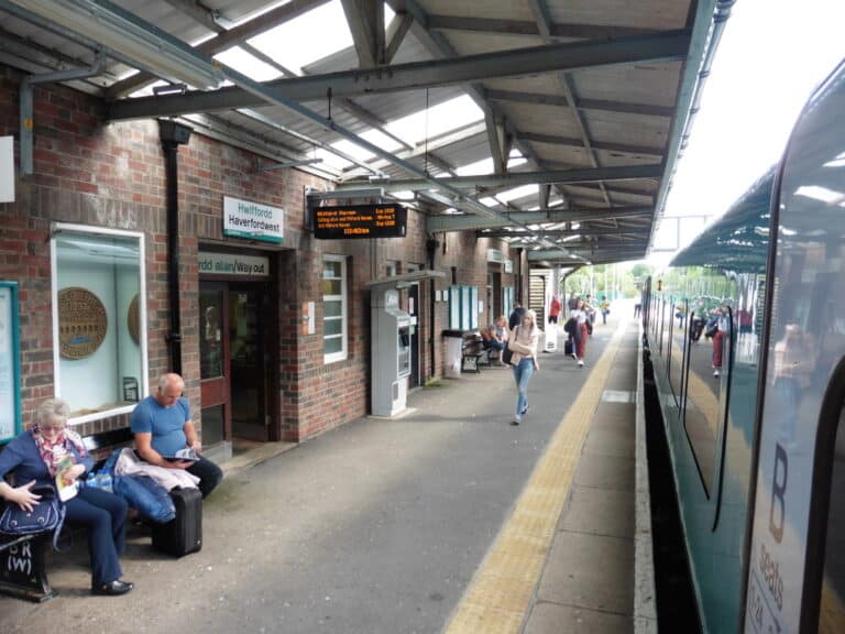 Train at the platform of Haverfordwest railway station in Pembrokeshire