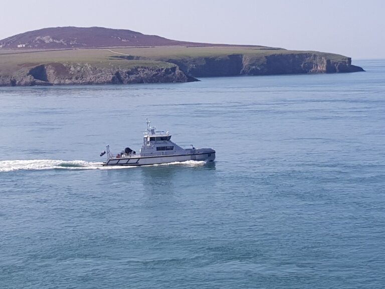 Wildlife boat speeding across blue water with the cliffs of Ramsey Island behind, near St Davids