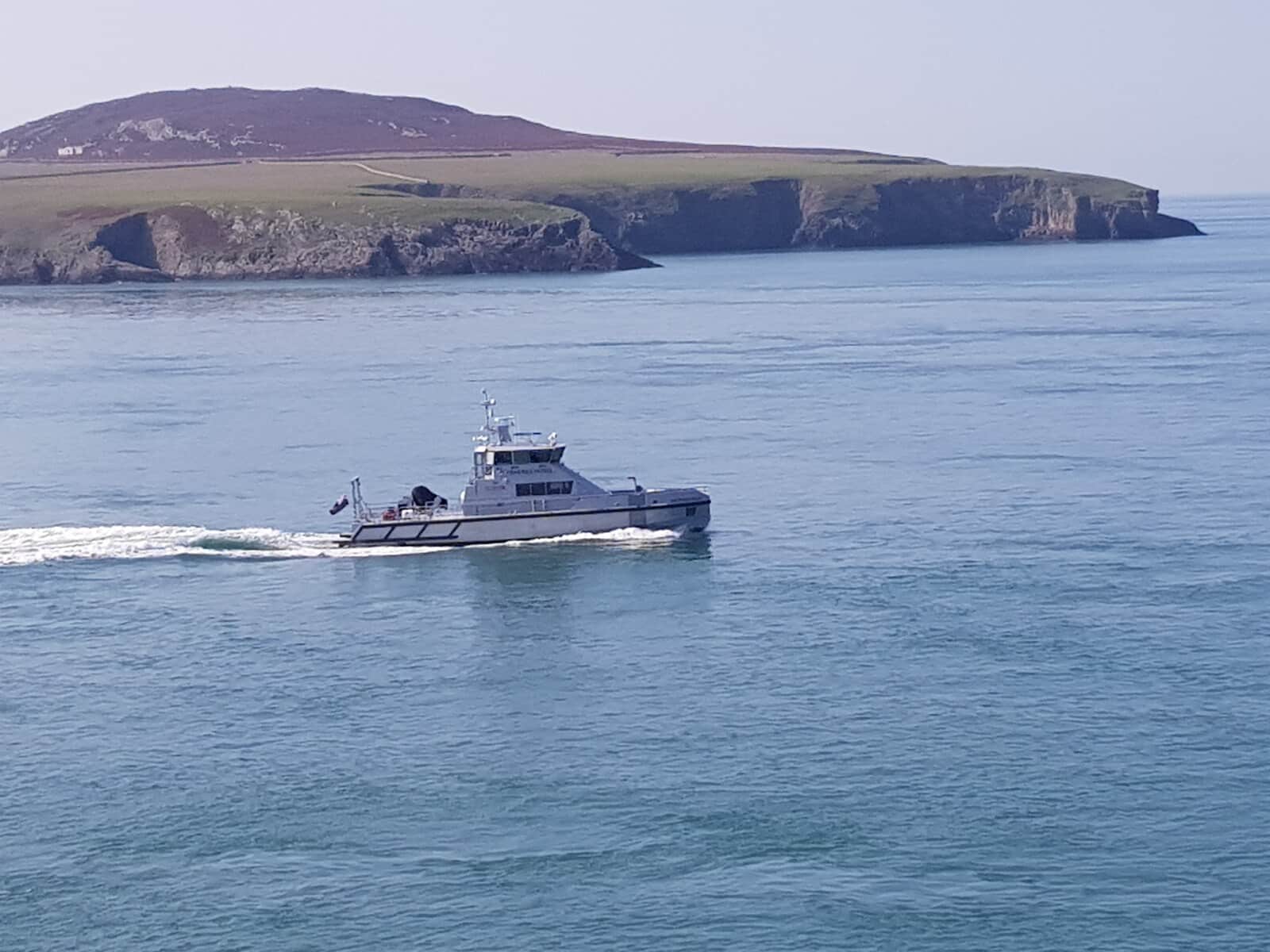 Wildlife boat speeding across blue water with the cliffs of Ramsey Island behind, near St Davids