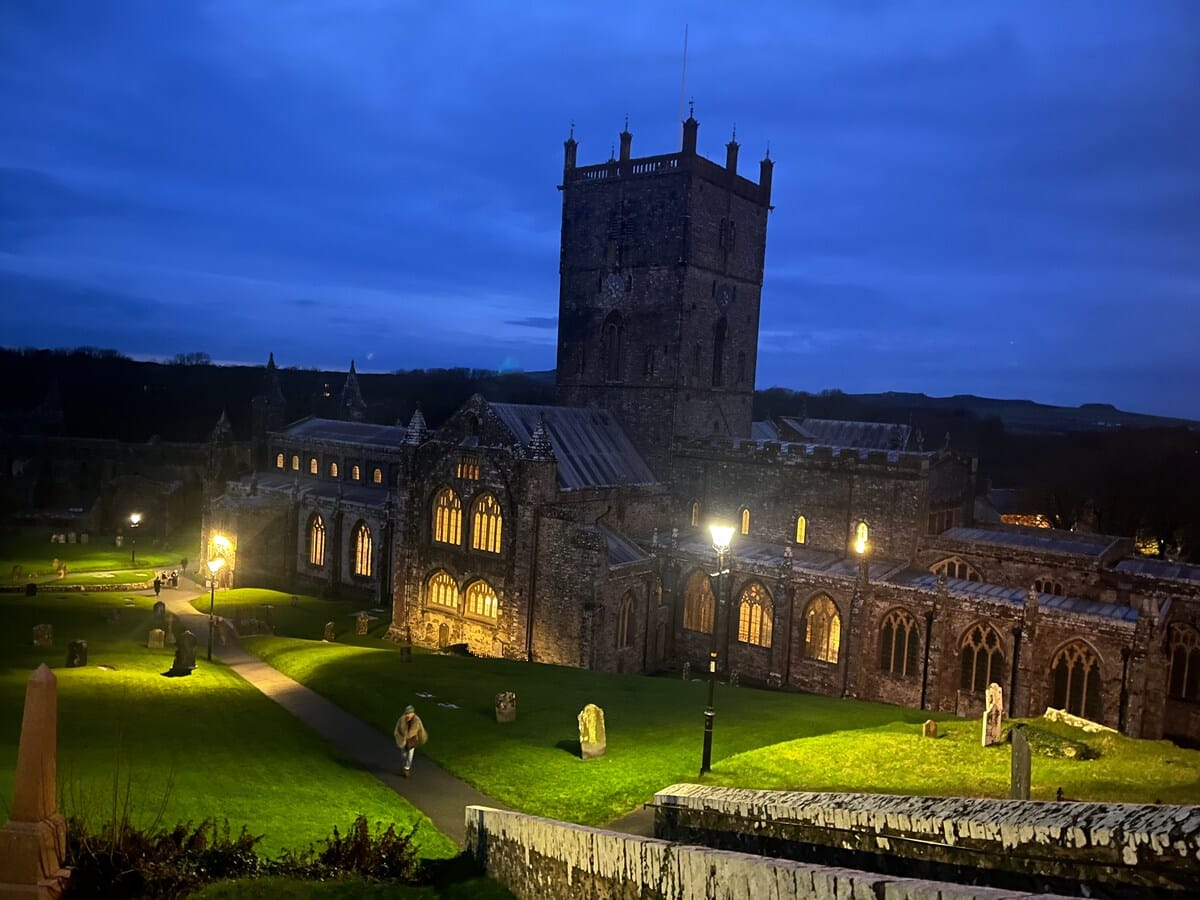 St Davids Cathedral lit up at night