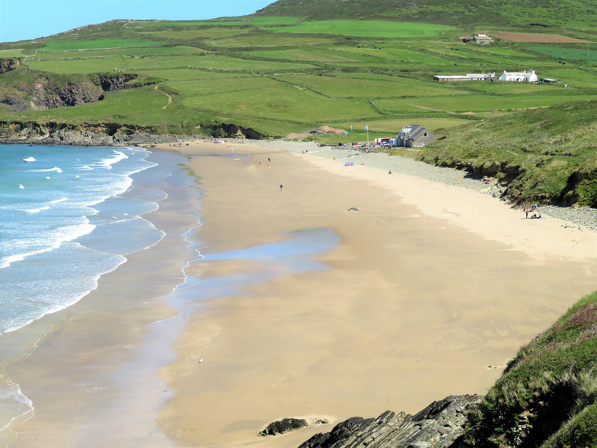 Whitesands Bay beach with golden sand and blue sea below green clifftop fields near St Davids